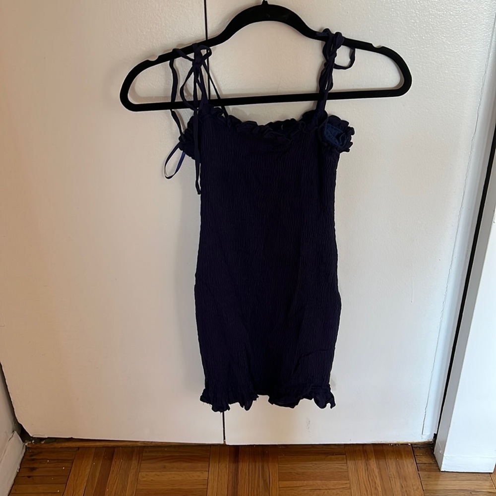 Revolve, by the way, navy rouched body con dress with adjustable tie straps